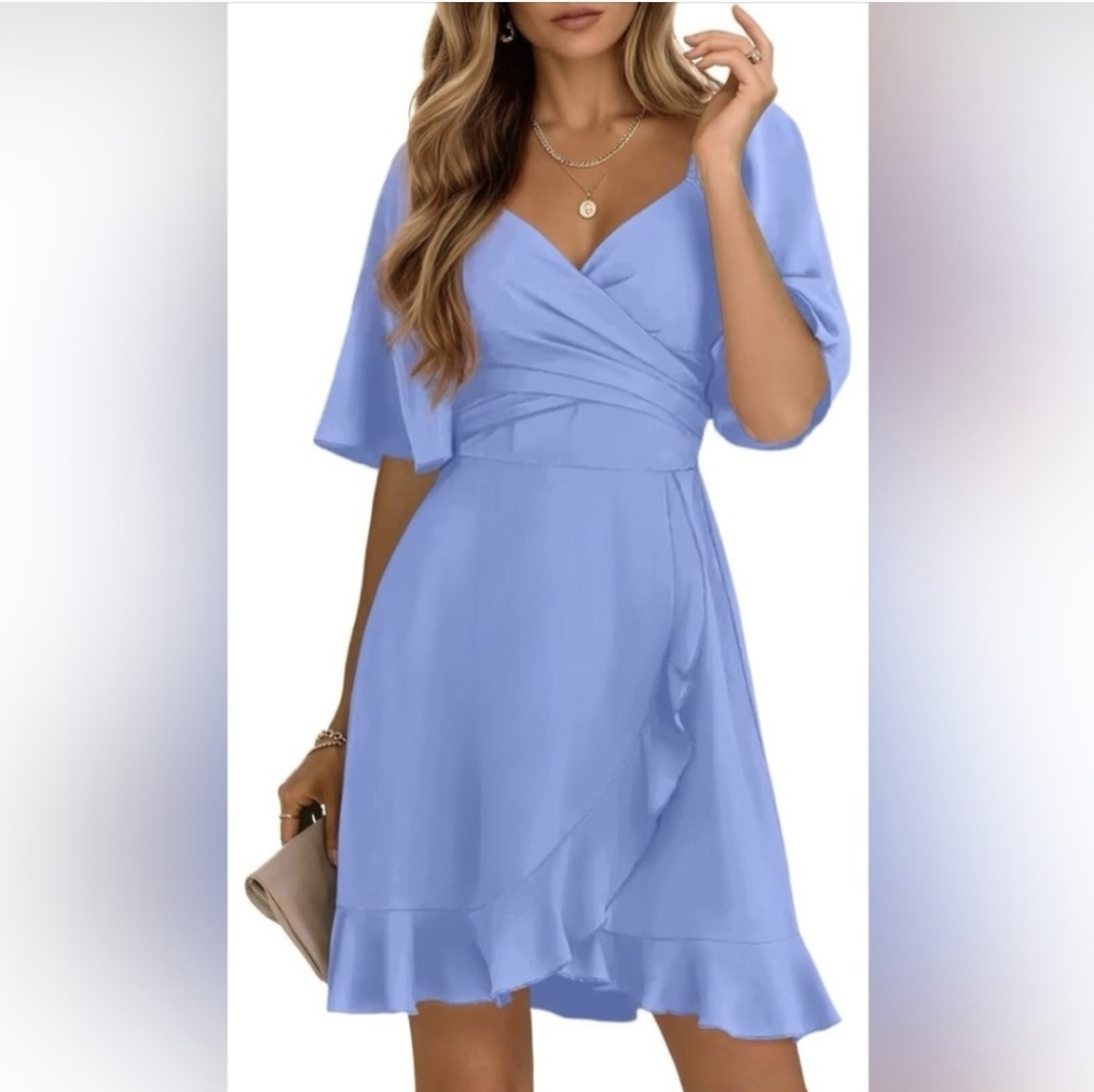 Dokotoo Blue V Neck Smocked Tiered Belted Ruffle Hem Mini Dress Size XL
